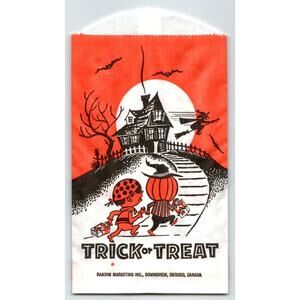 Trick Or Treat Halloween Candy Goodie Bag Haunted House Witch On Broom Bats Kids